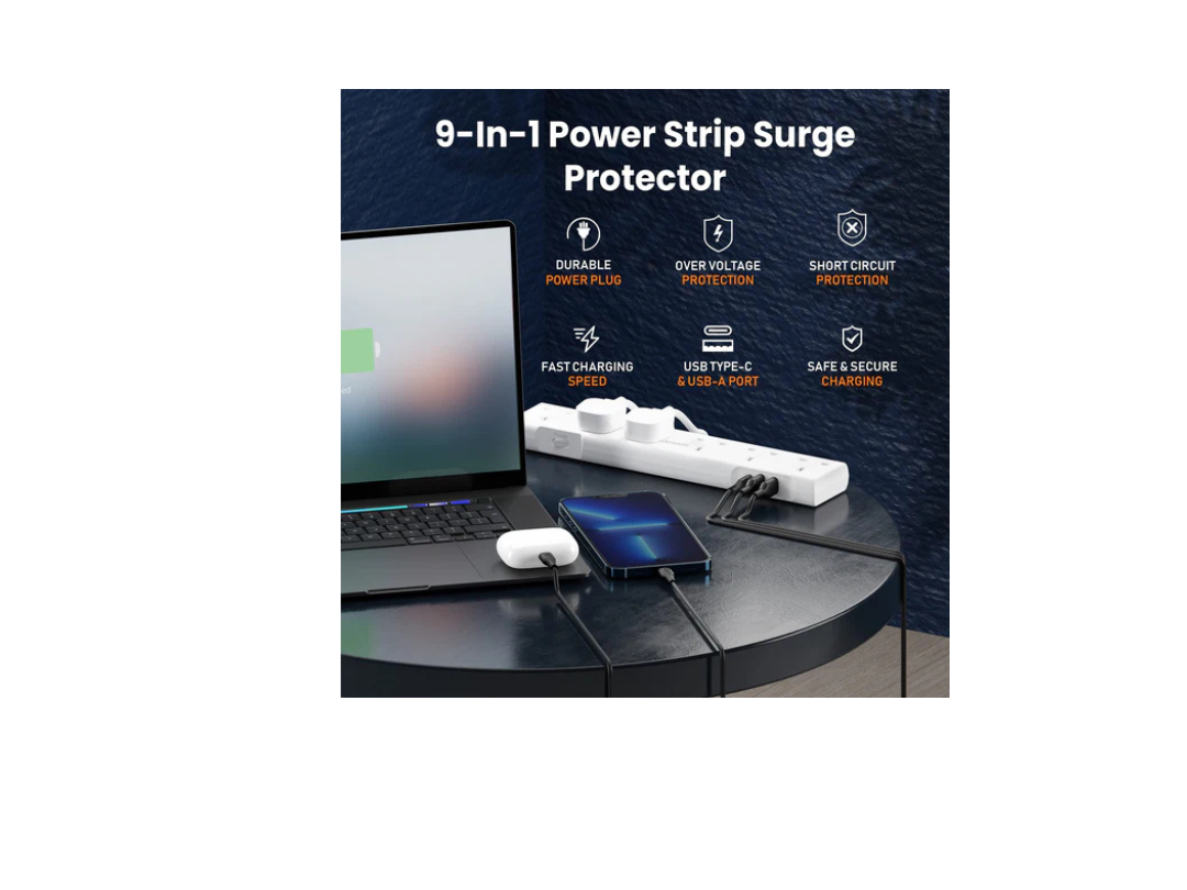 Moxedo 3250W Power Strip Surge Protector 9 Way 1 USB-C PD Ports + 2 USB-A Ports + 6 AC Outlets with 2M Cable Length Moxedo 3250W Power Strip Surge Protector 9 Way 1 USB-C PD Ports + 2 USB-A Ports + 6 AC Outlets with 2M Cable Length